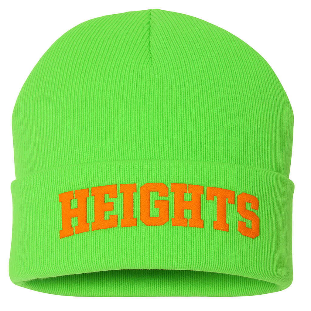 Green beanie with 'HEIGHTS' in orange on a white background