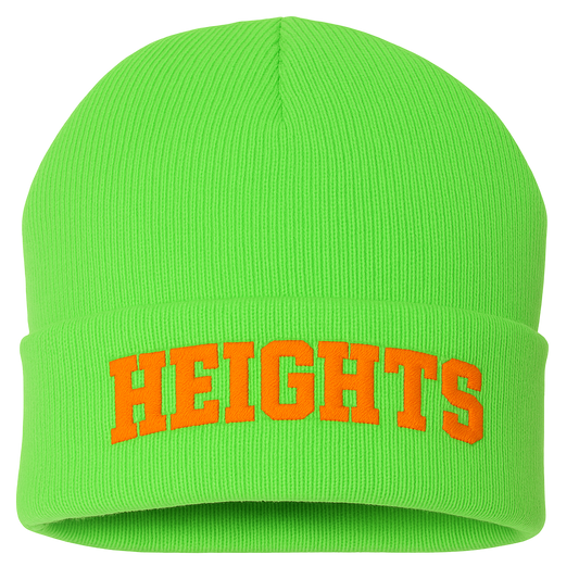 Green beanie with 'HEIGHTS' in orange on a white background